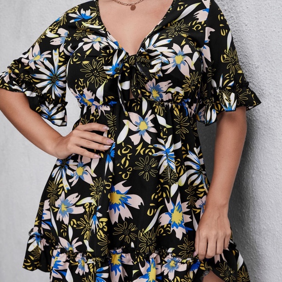 PLUS SIZE Floral Front Tie Ruffle Midi Dress Black - Picture 10 of 11